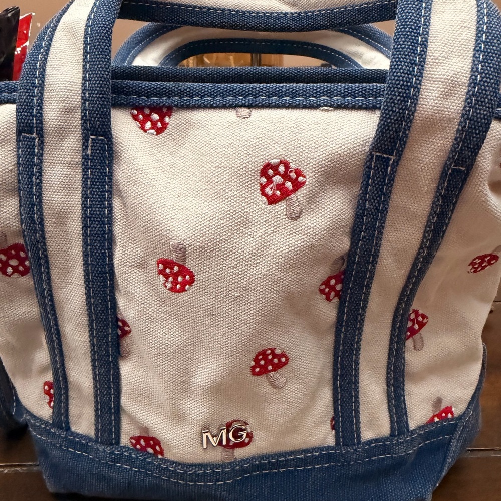 Madden Girl Cream Canvas Crossbody with Red Mushroom Print & Blue Trim - Picture 4 of 5